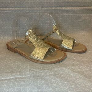 Jaclyn Jones Clover Flat Leather Sandals in Metallic Gold 9.5
